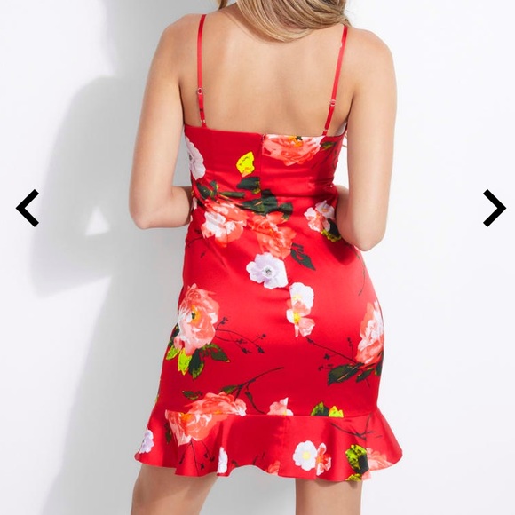 NWT GUESS Floral Slip Dress with Ruffle Bottom Red - Picture 4 of 7